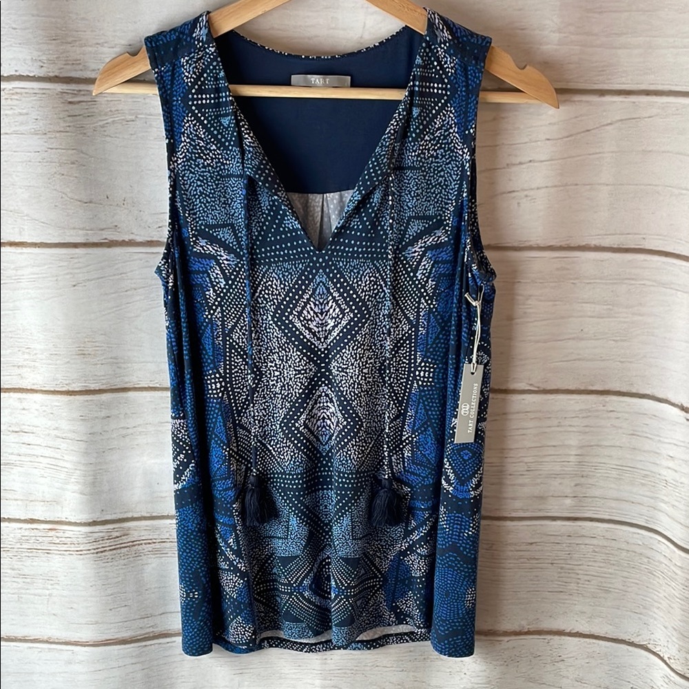 NWT Tart Women's Blue Aztec Boho Sleeveless Tank Top Tassels New Navy Blue Small